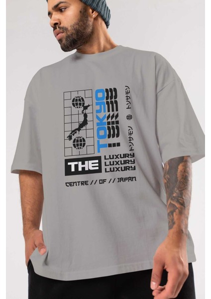 The Luxury Centre Japan Ön Baskılı Gri Oversize T-Shirt Unisex Erkek Kadın Bisiklet Yaka modelleri