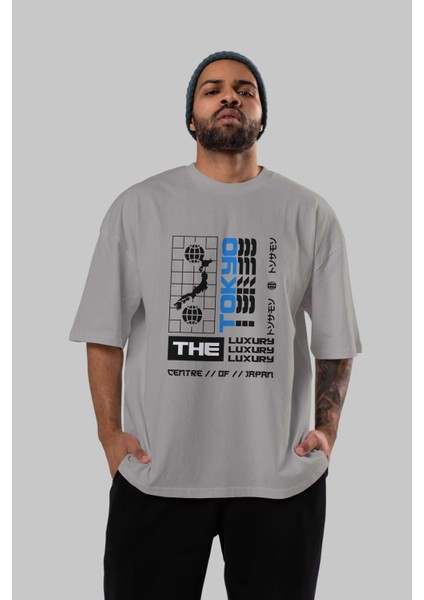 The Luxury Centre Japan Ön Baskılı Gri Oversize T-Shirt Unisex Erkek Kadın Bisiklet Yaka indirimleri