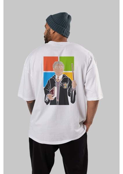 Harry Potter Gates Arka Baskılı Beyaz Oversize T-Shirt Erkek Kadın Bisiklet Yaka