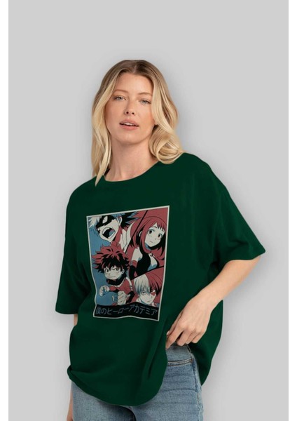 Bokunohero Anime Ön Baskılı Zümrüt Yeşili Oversize T-Shirt Erkek Kadın fırsatları