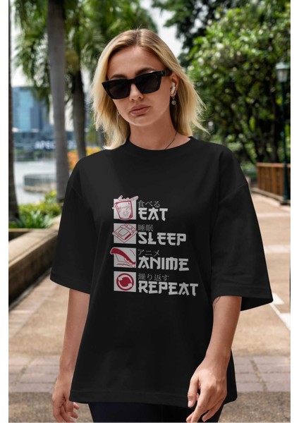 Eat, Sleep, Anime, Repeat Anime Ön Baskılı Siyah Oversize T-Shirt Erkek Kadın indirimleri