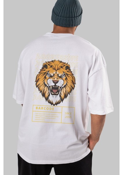 Aggressive Lion Arka Baskılı Beyaz Oversize T-Shirt Erkek Kadın Bisiklet Yaka