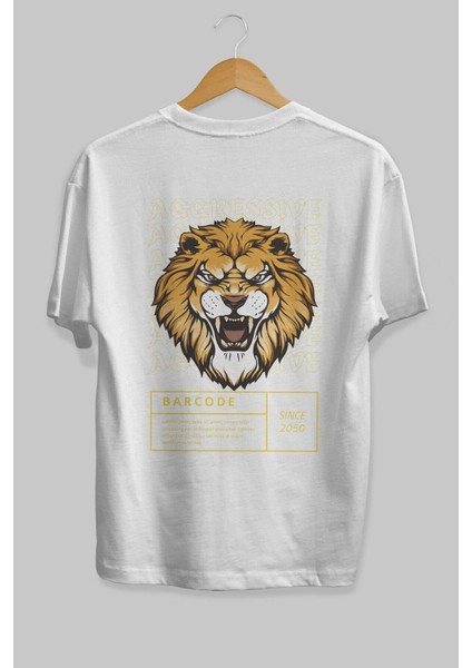 Aggressive Lion Arka Baskılı Beyaz Oversize T-Shirt Erkek Kadın Bisiklet Yaka fiyatları