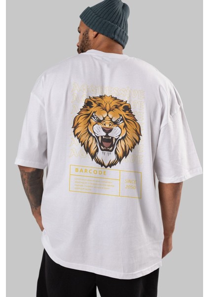 Aggressive Lion Arka Baskılı Beyaz Oversize T-Shirt Erkek Kadın Bisiklet Yaka modelleri