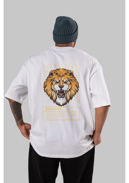Aggressive Lion Arka Baskılı Beyaz Oversize T-Shirt Erkek Kadın Bisiklet Yaka fırsatları