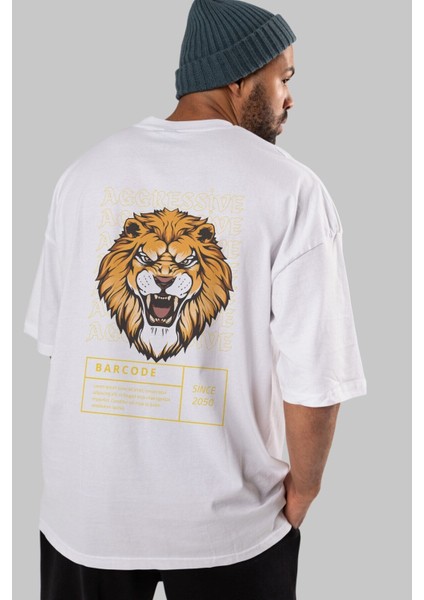 Aggressive Lion Arka Baskılı Beyaz Oversize T-Shirt Erkek Kadın Bisiklet Yaka indirimleri