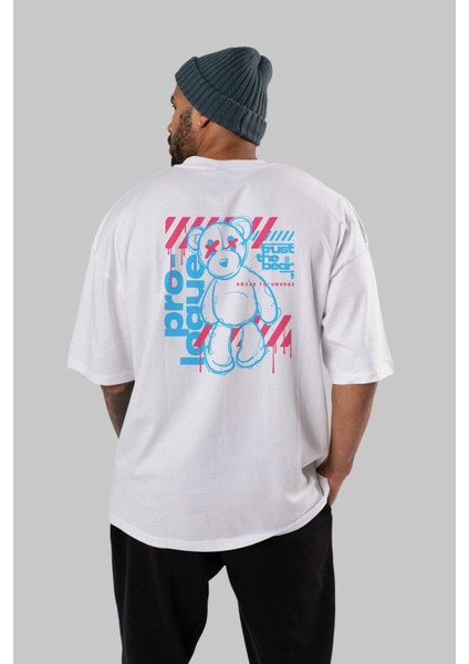 Trust The Bear Arka Baskılı Beyaz Oversize T-Shirt Erkek Kadın Bisiklet Yaka