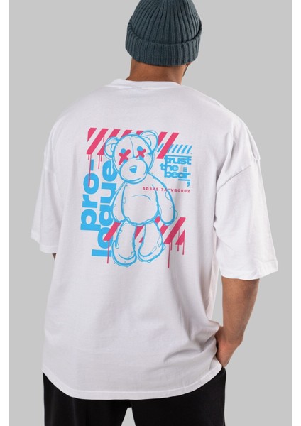 Trust The Bear Arka Baskılı Beyaz Oversize T-Shirt Erkek Kadın Bisiklet Yaka modelleri
