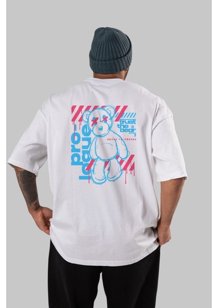 Trust The Bear Arka Baskılı Beyaz Oversize T-Shirt Erkek Kadın Bisiklet Yaka fırsatları