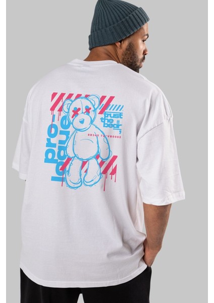 Trust The Bear Arka Baskılı Beyaz Oversize T-Shirt Erkek Kadın Bisiklet Yaka indirimleri