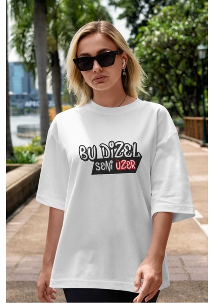 Bu Dizel Seni Üzer Ön Baskılı Beyaz Oversize T-Shirt Erkek Kadın Bisiklet Yaka indirimleri
