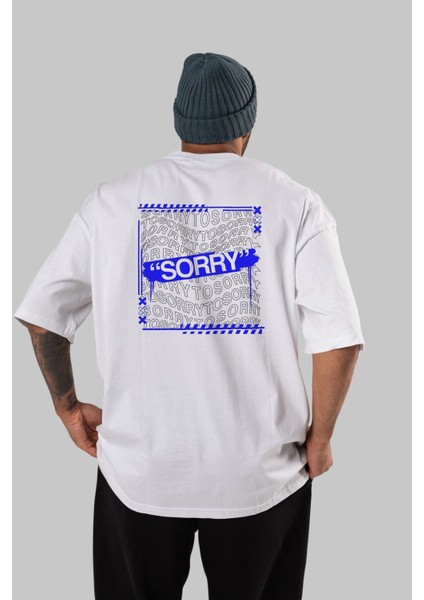 Sorry To Sorry Arka Baskılı Beyaz Oversize T-Shirt Erkek Kadın Bisiklet Yaka fiyatları