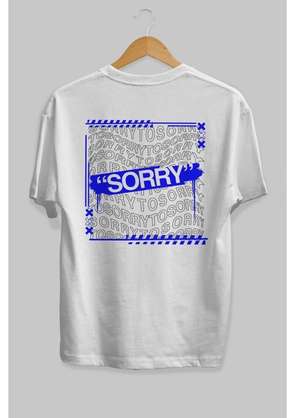 Sorry To Sorry Arka Baskılı Beyaz Oversize T-Shirt Erkek Kadın Bisiklet Yaka modelleri