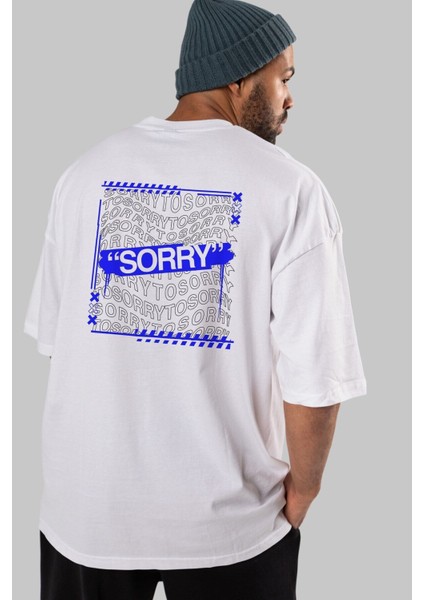 Sorry To Sorry Arka Baskılı Beyaz Oversize T-Shirt Erkek Kadın Bisiklet Yaka fırsatları