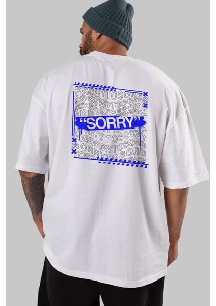 Sorry To Sorry Arka Baskılı Beyaz Oversize T-Shirt Erkek Kadın Bisiklet Yaka indirimleri