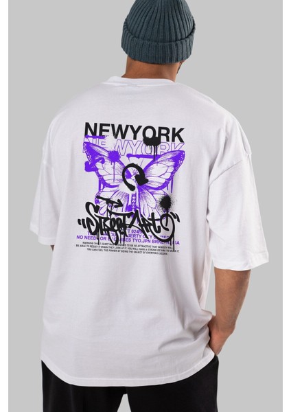 New York Street Style Arka Baskılı Beyaz Oversize T-Shirt Erkek Kadın Bisiklet Yaka