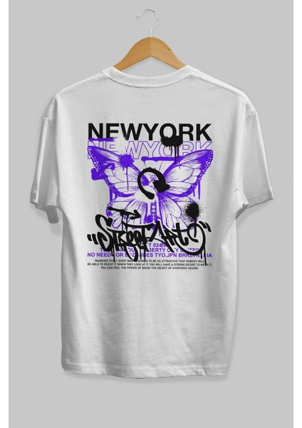 New York Street Style Arka Baskılı Beyaz Oversize T-Shirt Erkek Kadın Bisiklet Yaka fiyatları
