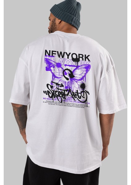 New York Street Style Arka Baskılı Beyaz Oversize T-Shirt Erkek Kadın Bisiklet Yaka fırsatları