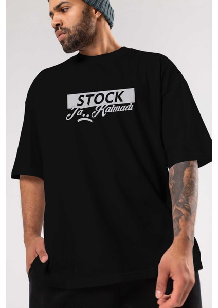 Stock Ta Kalmadı Ön Baskılı Siyah Oversize T-Shirt Erkek Kadın Bisiklet Yaka modelleri