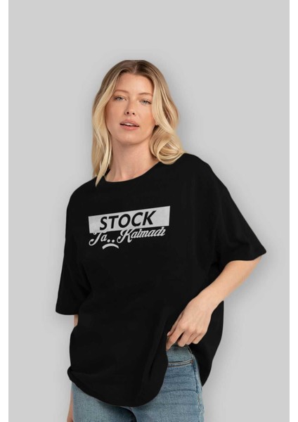 Stock Ta Kalmadı Ön Baskılı Siyah Oversize T-Shirt Erkek Kadın Bisiklet Yaka fırsatları