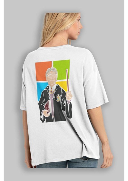 Harry Potter Gates Arka Baskılı Beyaz Oversize T-Shirt Erkek Kadın Bisiklet Yaka fırsatları