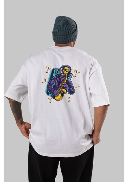 Astroskull Saxophonist Arka Baskılı Beyaz Oversize T-Shirt Erkek Kadın Bisiklet Yaka