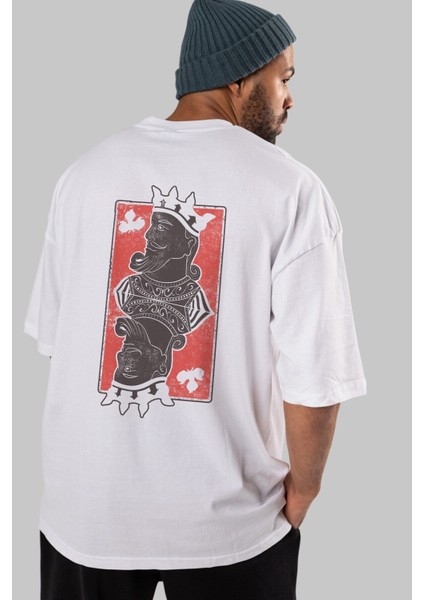 King Streetwear Arka Baskılı Beyaz Oversize T-Shirt Erkek Kadın Bisiklet Yaka
