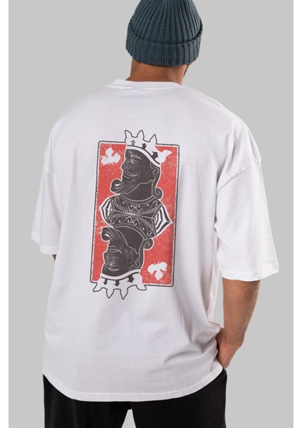King Streetwear Arka Baskılı Beyaz Oversize T-Shirt Erkek Kadın Bisiklet Yaka fırsatları