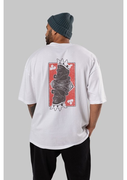 King Streetwear Arka Baskılı Beyaz Oversize T-Shirt Erkek Kadın Bisiklet Yaka indirimleri