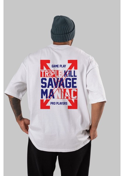 Kill Savage Arka Baskılı Beyaz Oversize T-Shirt Erkek Kadın Bisiklet Yaka