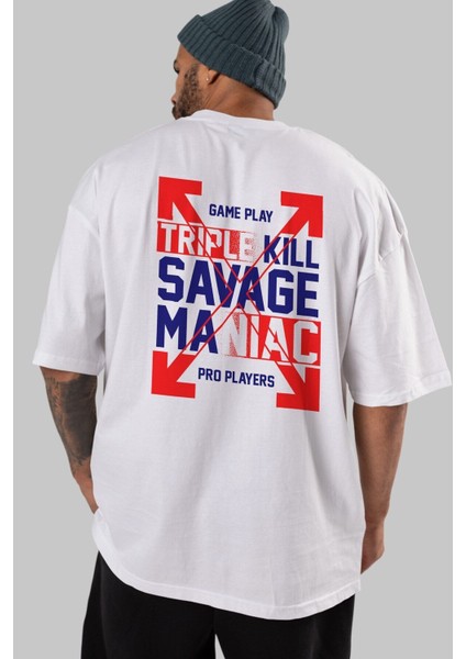 Kill Savage Arka Baskılı Beyaz Oversize T-Shirt Erkek Kadın Bisiklet Yaka modelleri