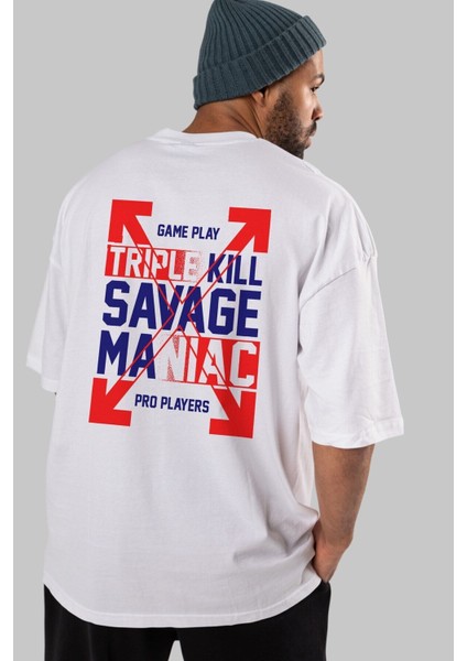 Kill Savage Arka Baskılı Beyaz Oversize T-Shirt Erkek Kadın Bisiklet Yaka fırsatları