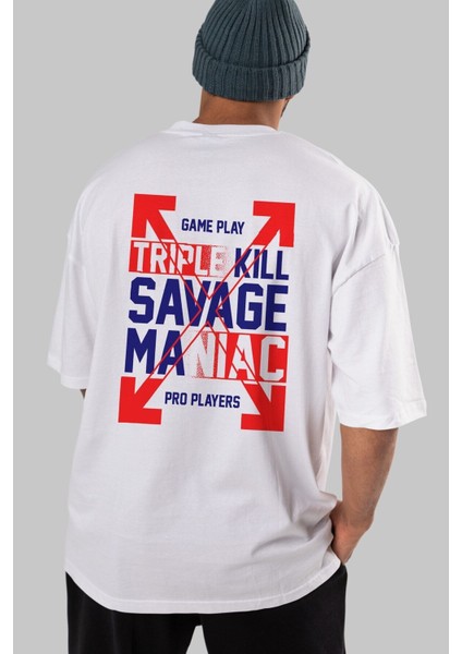 Kill Savage Arka Baskılı Beyaz Oversize T-Shirt Erkek Kadın Bisiklet Yaka indirimleri