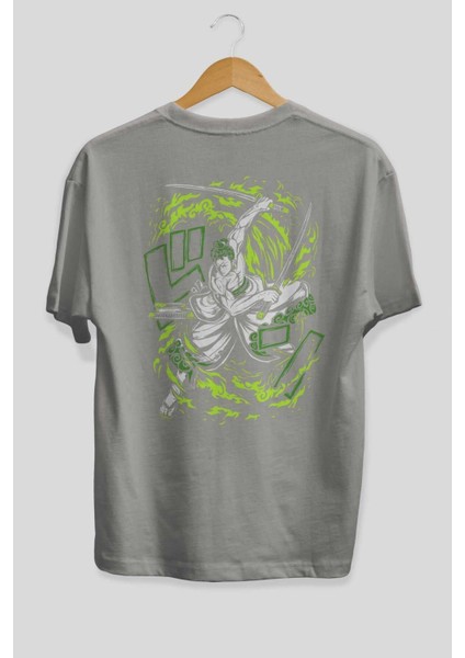 Zoro-One Pıece (2) Anime Arka Baskılı Gri Oversize T-Shirt %100 Pamuk Erkek Kadın fiyatları