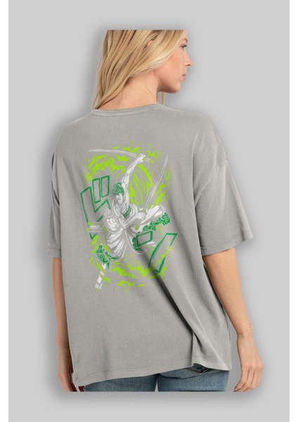 Zoro-One Pıece (2) Anime Arka Baskılı Gri Oversize T-Shirt %100 Pamuk Erkek Kadın modelleri