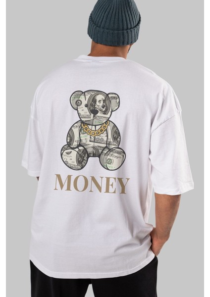 Teddy Bear Money Arka Baskılı Beyaz Oversize T-Shirt Erkek Kadın Bisiklet Yaka