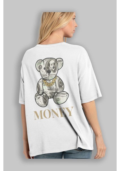 Teddy Bear Money Arka Baskılı Beyaz Oversize T-Shirt Erkek Kadın Bisiklet Yaka fiyatları