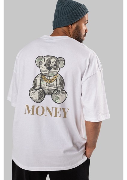 Teddy Bear Money Arka Baskılı Beyaz Oversize T-Shirt Erkek Kadın Bisiklet Yaka modelleri
