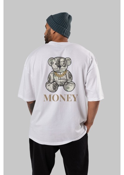 Teddy Bear Money Arka Baskılı Beyaz Oversize T-Shirt Erkek Kadın Bisiklet Yaka fırsatları