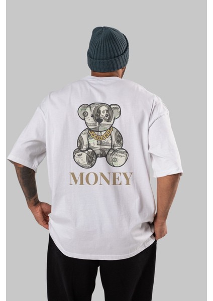 Teddy Bear Money Arka Baskılı Beyaz Oversize T-Shirt Erkek Kadın Bisiklet Yaka indirimleri