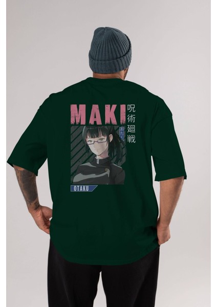 Maki Zenin Chaınsawman 1 Anime Arka Baskılı Zümrüt Yeşili Oversize T-Shirt Pamuk Erkek Kadın