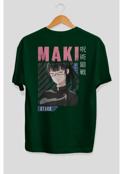 Maki Zenin Chaınsawman 1 Anime Arka Baskılı Zümrüt Yeşili Oversize T-Shirt Pamuk Erkek Kadın fiyatları