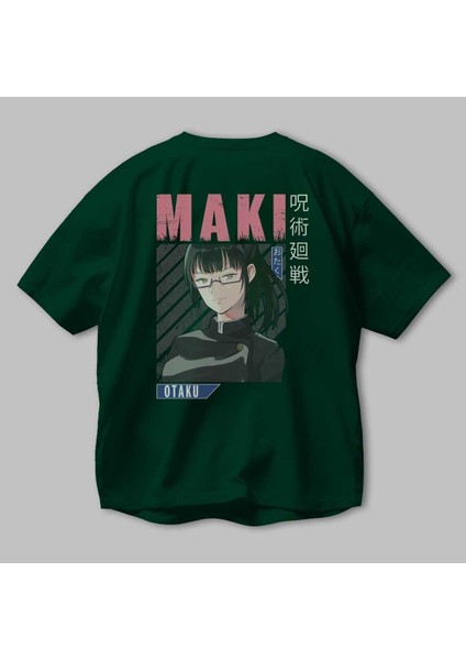 Maki Zenin Chaınsawman 1 Anime Arka Baskılı Zümrüt Yeşili Oversize T-Shirt Pamuk Erkek Kadın modelleri