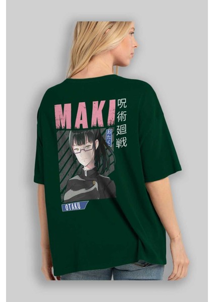 Maki Zenin Chaınsawman 1 Anime Arka Baskılı Zümrüt Yeşili Oversize T-Shirt Pamuk Erkek Kadın fırsatları