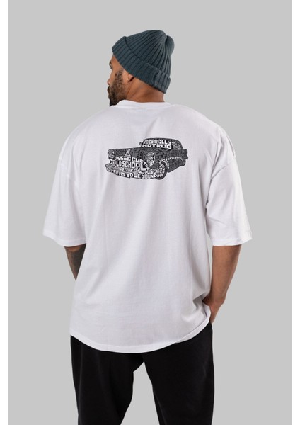 Hotrod Arka Baskılı Beyaz Oversize T-Shirt Erkek Kadın Bisiklet Yaka
