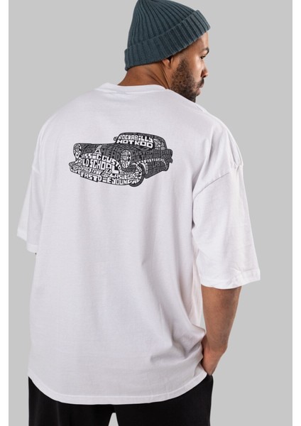 Hotrod Arka Baskılı Beyaz Oversize T-Shirt Erkek Kadın Bisiklet Yaka modelleri