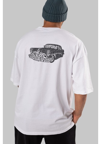 Hotrod Arka Baskılı Beyaz Oversize T-Shirt Erkek Kadın Bisiklet Yaka fırsatları