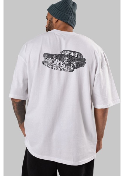 Hotrod Arka Baskılı Beyaz Oversize T-Shirt Erkek Kadın Bisiklet Yaka indirimleri