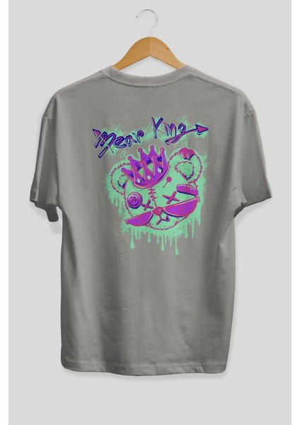 Bear King Arka Baskılı Gri Oversize T-Shirt Unisex Erkek Kadın Bisiklet Yaka fiyatları