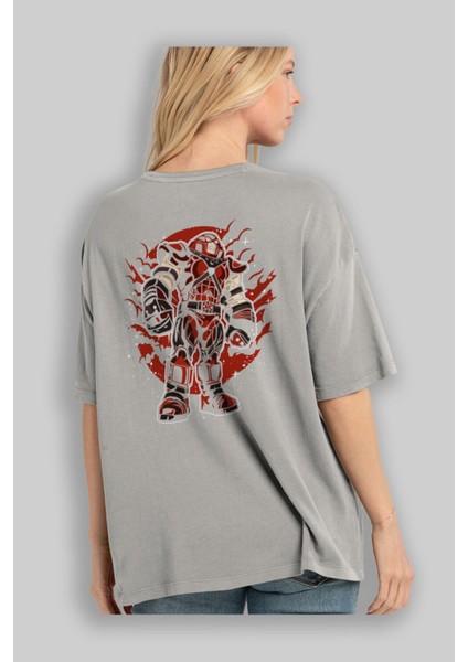 Jugernaut Arka Baskılı Gri Oversize T-Shirt Unisex Erkek Kadın Bisiklet Yaka modelleri